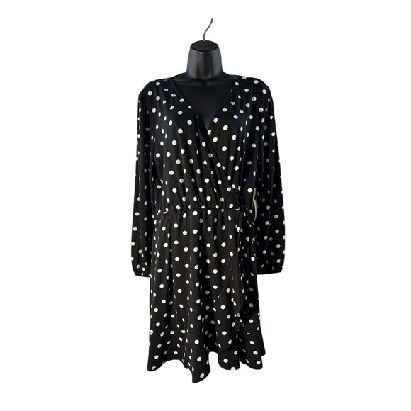 Black Polka Dot Wrap Style Long Sleeve Dress By Nine Britton - 1X - Picture 1 of 10
